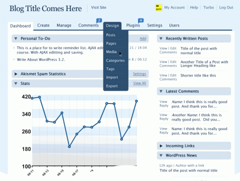 Suggested WordPress dashboard design. Blue.