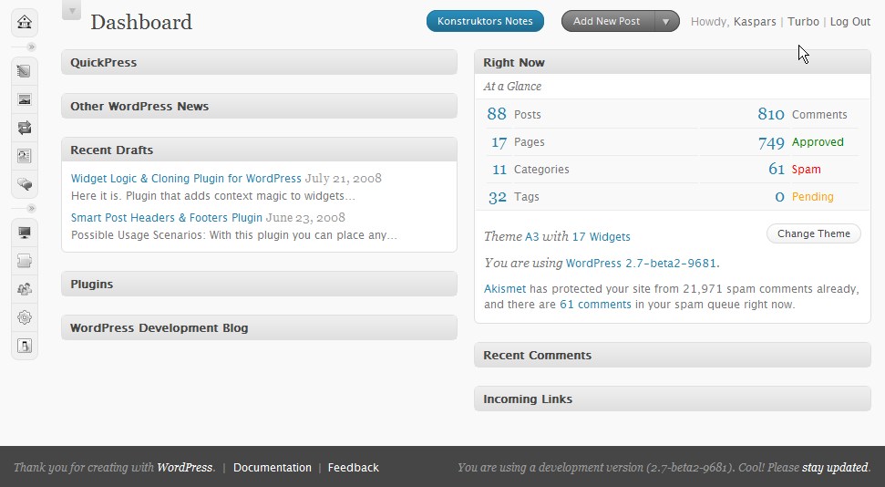 Minimized header area of WordPress 2.7