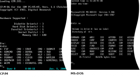 Screenshots of CP/M and MS-DOS operating systems