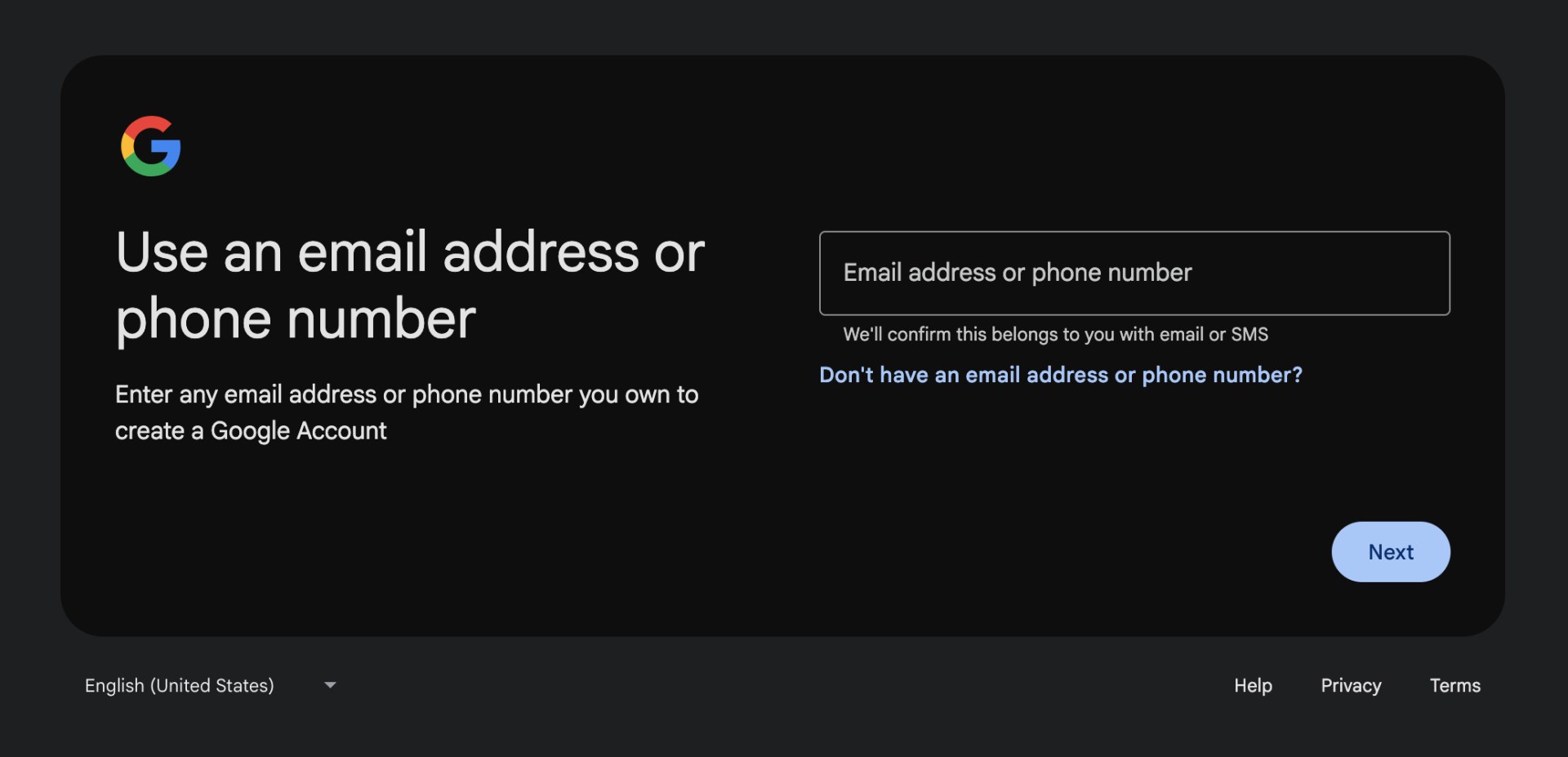 Custom email option during Google Account registration