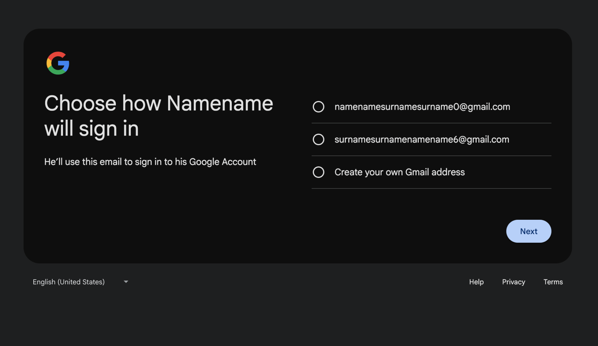 Only @gmail.com email options available for underage kids Google Accounts