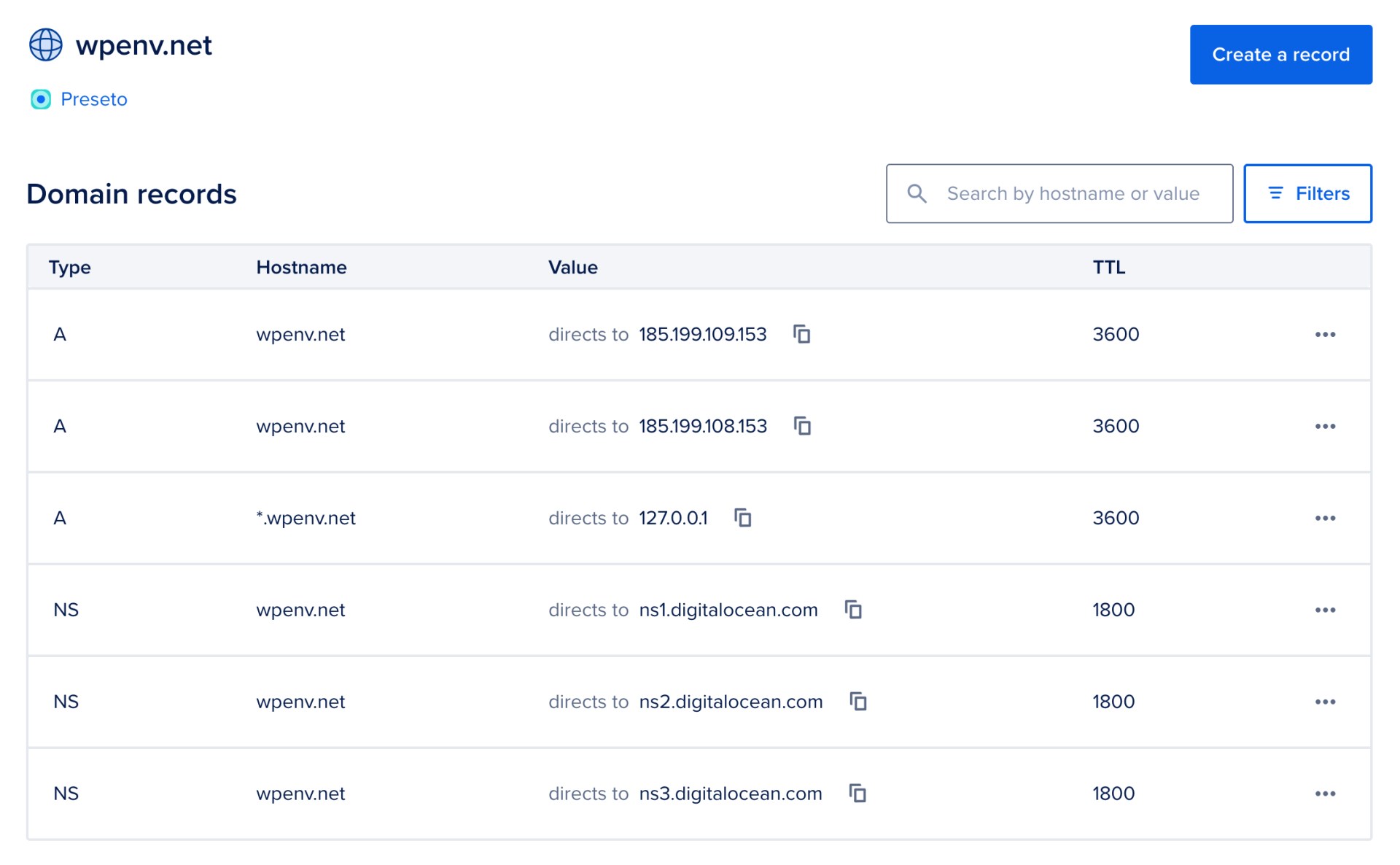 Name server records for local development environment URLs using public DNS